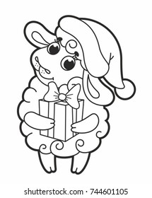 Cute cartoon vector christmas sheep. Funny lamb. Vector illustration for kids. Outline