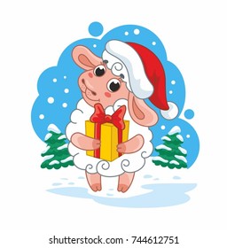 Cute cartoon vector christmas sheep. Funny lamb. Vector illustration for kids.