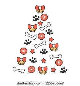 cute cartoon vector christmas tree made of bones, balls, bells, stars and paw prints