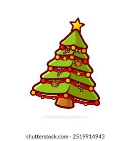 Árbol de navidad lindo del Vector de la historieta con las luces decorativas coloridas, campana, bastón, y estrella, conveniente para el logotipo, la etiqueta engomada, el icono, el etc. 