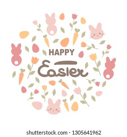cute cartoon vector circle template with hand drawn lettering happy easter text, bunnies, carrots, eggs, flowers and leaves 