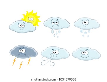 Cute cartoon vector clouds icons. Weathervector set. Emoticons collection. Weather forecast.