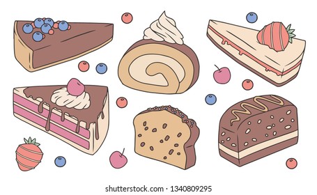 Cute cartoon vector collection set with different delicious cake slices