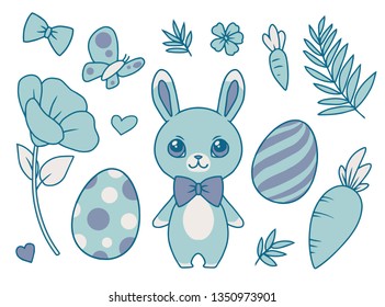 Cute cartoon vector collection set with pastel blue bunny wearing a bowtie, spring flowers, butterfly, carrots, leaves and easter eggs