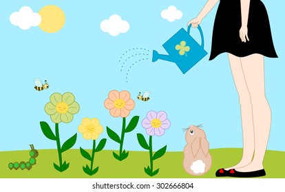 cute cartoon vector colorful outdoor scene in the garden with flowers illustration