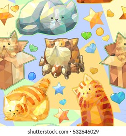 Cute cartoon vector colorful seamless pattern, polygonal funny cats