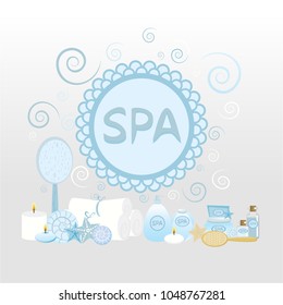 Cute cartoon vector concept for spa / massage salon / beauty salon . Background  , logo, template blue grey.