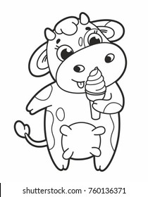 Cute cartoon vector cow eating ice cream. Funny calf. Vector illustration for kids.