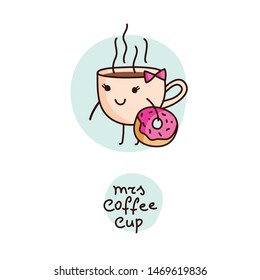 cute cartoon vector cup of coffee and pink donut