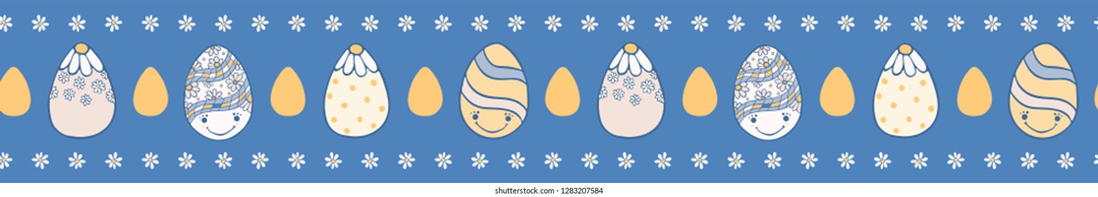 Cute cartoon vector decorated Easter eggs and daisy flowers. Seamless stripes repeat border. Happy spring christian holiday celebration banner ribbon in blue , white, yellow flat color.