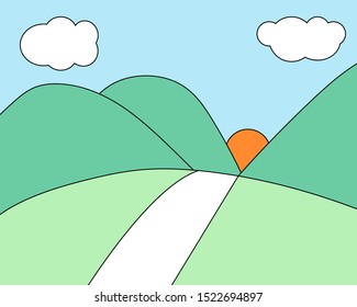 Cute cartoon vector design: View of many hills and mountains with a good weather day in summer time. 