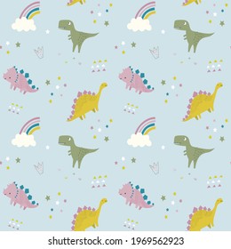 Cute Cartoon Vector Dinosaurs Seamless Pattern
