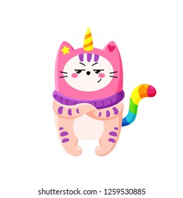 Cute cartoon vector doodle cat. Kitten in a unicorn hat. Magic character. Template for greeting cards, design, textiles. Cool cheeky cat