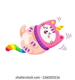 Cute cartoon vector doodle cat. Kitten in a unicorn hat. Magic character. Template for greeting cards, design, textiles. Laughing cat