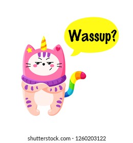 Cute cartoon vector doodle cat. Kitten in a unicorn hat. Magic character. Template for greeting cards, design, textiles. Cool cheeky cat