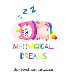 Cute cartoon vector doodle cat. Kitten in a unicorn hat. Magic character. Template for greeting cards, design, textiles. Funny cat sleeping on a pillow