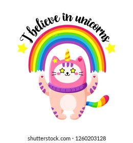 Cute cartoon vector doodle cat. Kitten in a unicorn hat. Magic character. Template for greeting cards, design, textiles. Funny cat with a rainbow