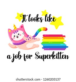 Cute cartoon vector doodle cat. Kitten in a unicorn hat. Magic character. Template for greeting cards, design, textiles. Flying superhero cat
