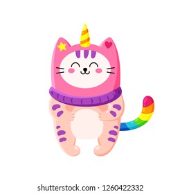 Cute cartoon vector doodle cat. Kitten in a unicorn hat. Magic character. Template for greeting cards, design, textiles.