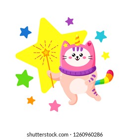 Cute cartoon vector doodle cat. Kitten in a unicorn hat. Magic character. Template for greeting cards, design, textiles. Cat with a magic wand