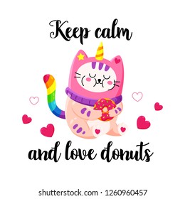 Cute cartoon vector doodle cat. Kitten in a unicorn hat. Magic character. Template for greeting cards, design, textiles. Cat eating a sweet donut