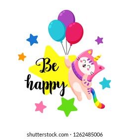 Cute cartoon vector doodle cat. Kitten in a unicorn hat. Magic character. Template for greeting cards, design, textiles. Cat flying in balloons. Happy Birthday