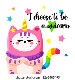 Cute cartoon vector doodle cat. Kitten in a unicorn hat. Magic character. Template for greeting cards, design, textiles. Cool cheeky cat