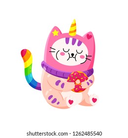 Cute cartoon vector doodle cat. Kitten in a unicorn hat. Magic character. Template for greeting cards, design, textiles. Cat eating a sweet donut