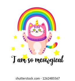 Cute cartoon vector doodle cat. Kitten in a unicorn hat. Magic character. Template for greeting cards, design, textiles. Funny cat with a rainbow
