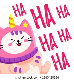 Cute cartoon vector doodle cat. Kitten in a unicorn hat. Magic character. Template for greeting cards, design, textiles. Laughing cat 