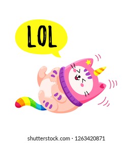 Cute cartoon vector doodle cat. Kitten in a unicorn hat. Magic character. Template for greeting cards, design, textiles. Laughing cat 