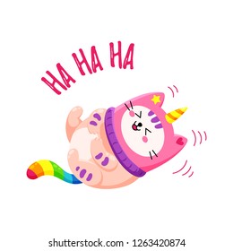 Cute cartoon vector doodle cat. Kitten in a unicorn hat. Magic character. Template for greeting cards, design, textiles. Laughing cat 