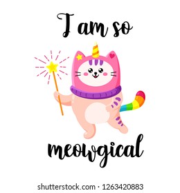 Cute cartoon vector doodle cat. Kitten in a unicorn hat. Magic character. Template for greeting cards, design, textiles. Cat with a magic wand