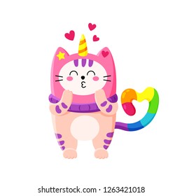 Cute cartoon vector doodle cat. Kitten in a unicorn hat. Magic character. Template for greeting cards, design, textiles. Love cat Valentine's Day