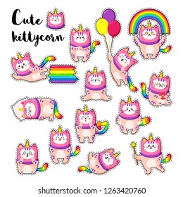 Cute cartoon vector doodle cats collection. Kitten in a unicorn hat. Magic character set. Template for greeting cards, design, textiles 