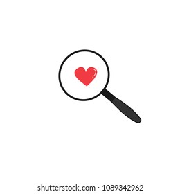 cute cartoon vector doodle icon with magnifying glass and red heart. Love search concept