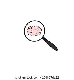 cute cartoon vector doodle icon with magnifying glass and brain