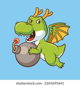 Cute cartoon vector dragon holding a bomb