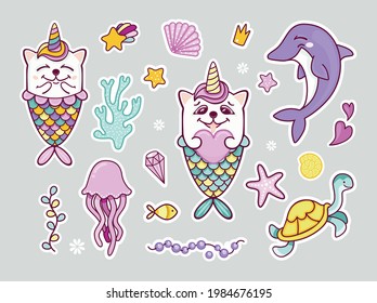 Cute cartoon vector drawing of cat mermaid, dolphin and turtle.