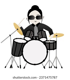 Cute cartoon vector drummer playing the drum illustrated dark-white color flat design