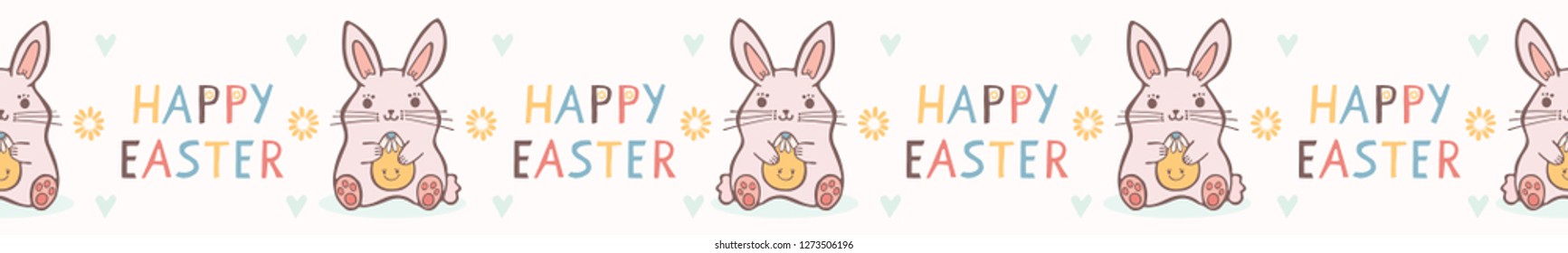 Cute cartoon vector Easter bunnies. Hand drawn seamless vector border. Happy rabbits lettering illustration with daisy flower egg in pastel flat color. Christian holiday banner celebration for kids.
