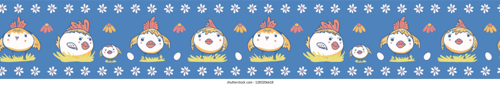 Cute cartoon vector Easter chicken with daisy flowers. Seamless repeat border. Happy kawaii chicks in flat color. Hand drawn spring, farm and christian holiday banner ribbon or washi tape for kids.