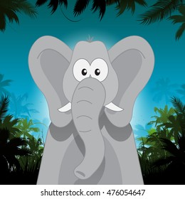 Elefante de vetor de desenhos animados bonito na frente do fundo da selva