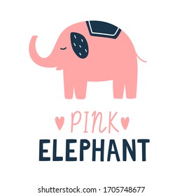 Cute cartoon vector elephant illustration with lettering text below. Pink elephant silhouette with blue ears and little hearts. For children book, poster, postcard design and kawaii concept