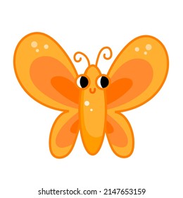 Cuto caricaturista vectorial personaje de mariposa plana al estilo infantil de guardería infantil. Ideal para ilustraciones de hojas de educación.