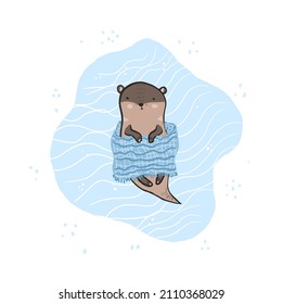 Cute cartoon vector flat sleeping otter in water