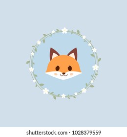 Cute cartoon vector fox illustrution. Adorable baby fox icon on blue background with flowers.