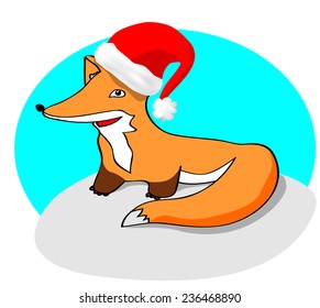 cute cartoon vector fox with red Santa's hat on snowy ground