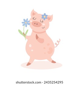 Cute Cartoon Vector Funny Pig Gives A Flower. A Child's Picture Of A Joyful Spring Adorable Piglet. Colorful Illustration Of A Rustic Animal Isolated on A White Background.