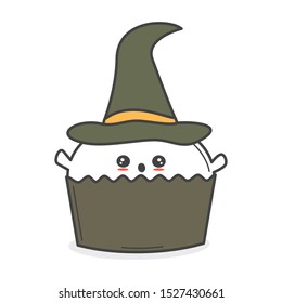 cute cartoon vector ghost with witch hat cupcake funny halloween illustration isolated on white background